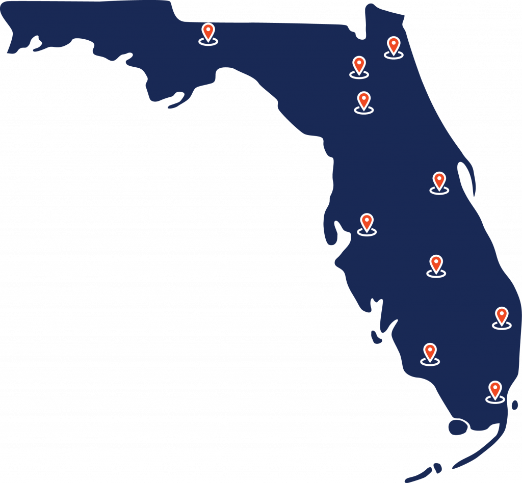 A map of Florida with pins showing the Data Listening Tour's future site visit locations.